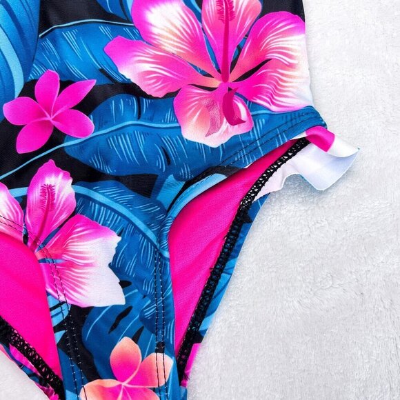 Hurley One Piece Swimsuit | Baby Girls | 12 Months | Tropical Floral | Pink Blue - Picture 5 of 9